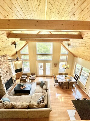 Fernseher, Kamin, DVD-Player, Videothek