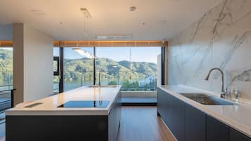 Deluxe Villa | Private kitchen | Fridge, microwave, rice cooker, cookware/dishes/utensils