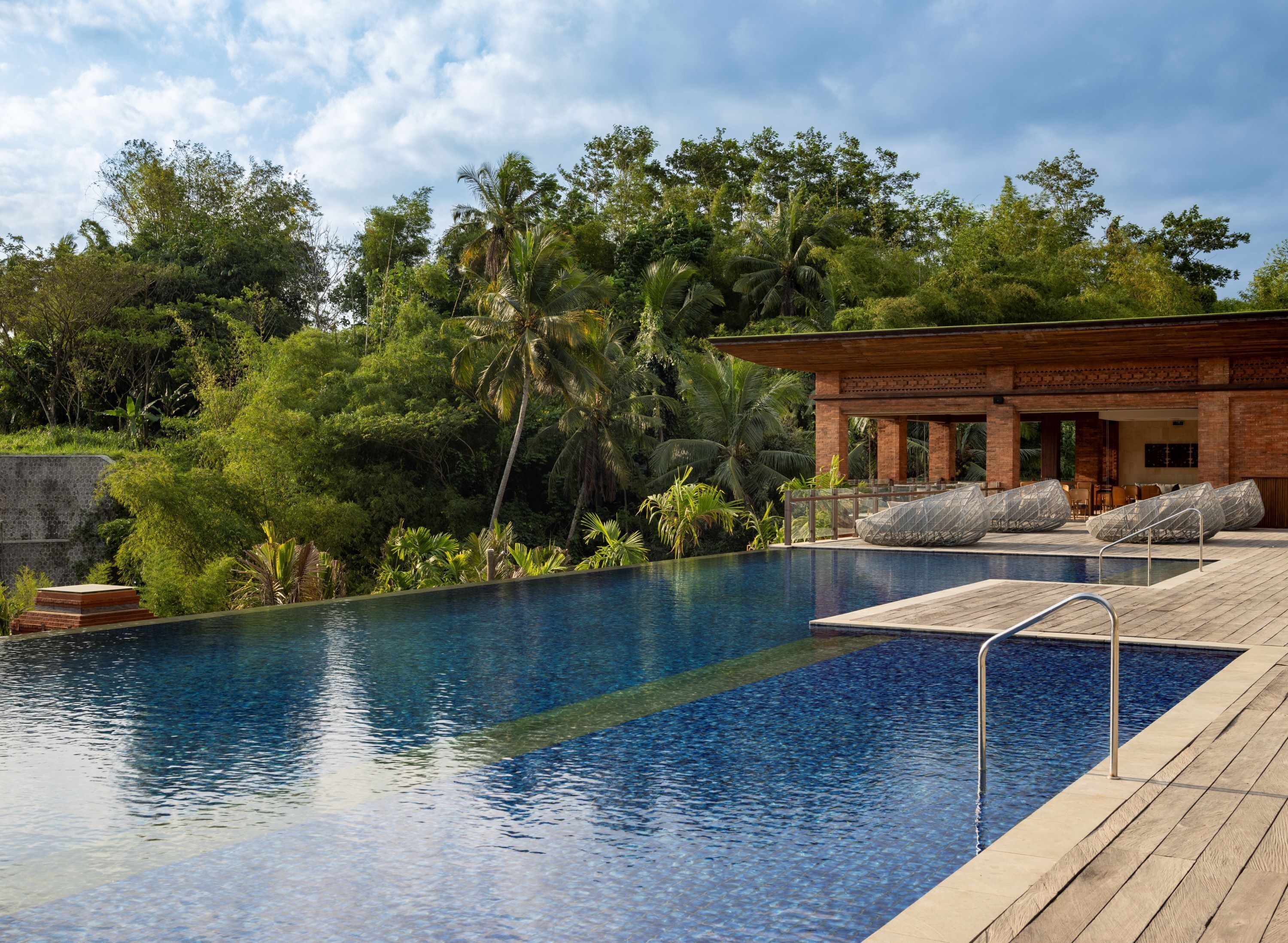 Outdoor pool, pool umbrellas, pool loungers