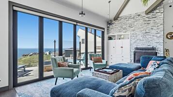 TV, fireplace, books