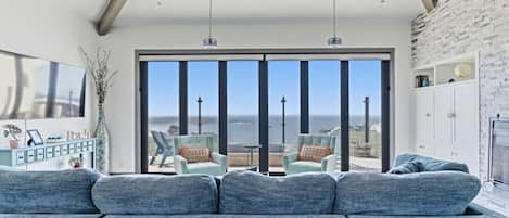 TV, fireplace, books