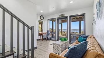 TV, fireplace, books