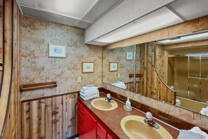 Combined shower/tub, hair dryer, towels, shampoo