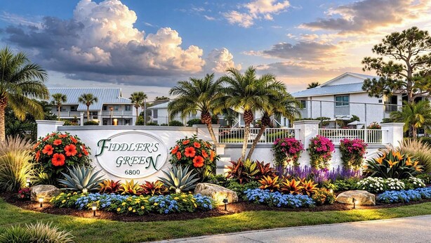 Uma área residencial com uma placa indicando 'Fiddler's Green 6800', cercada por paisagismo exuberante e palmeiras.