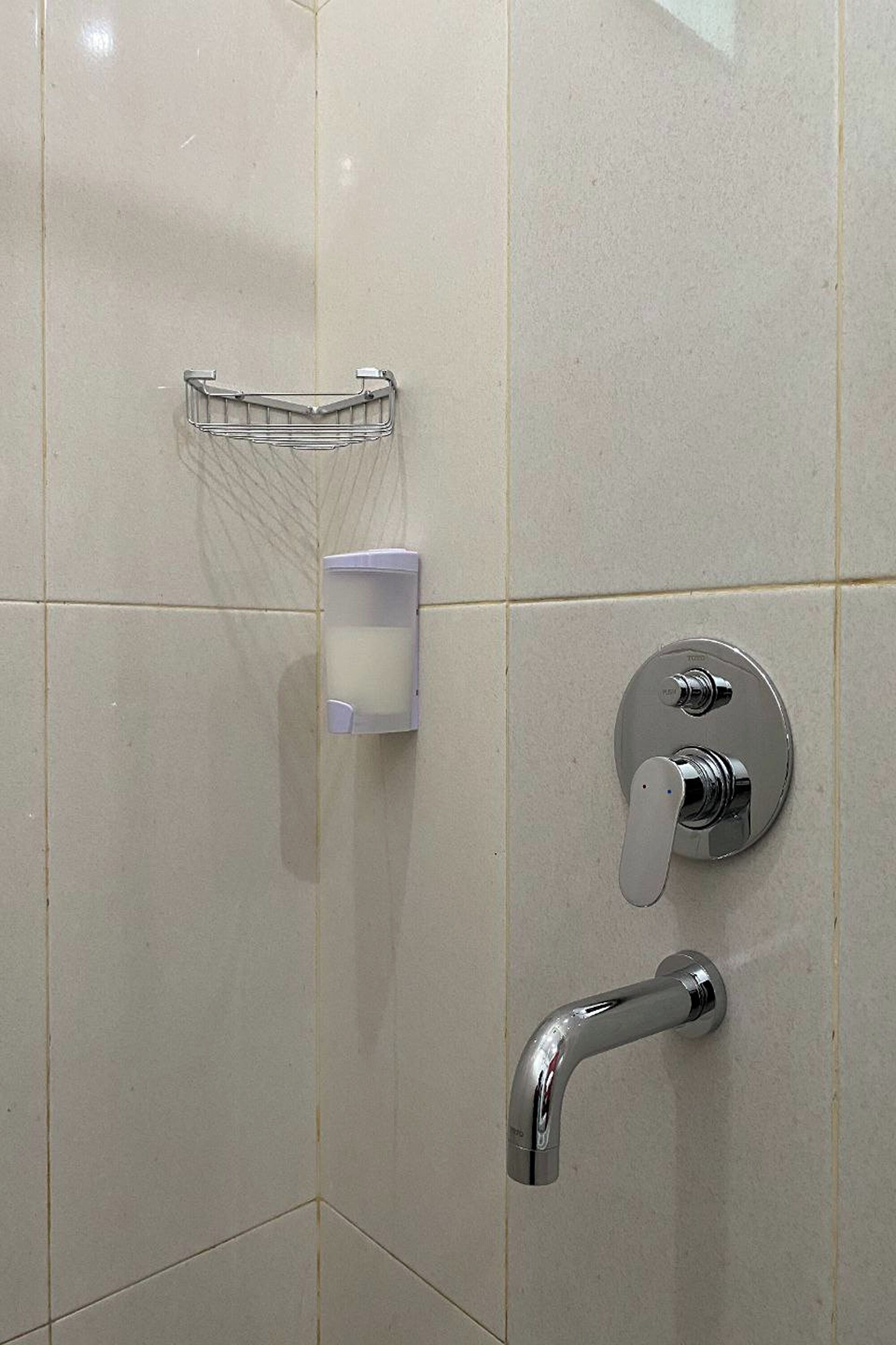 Un baño con cabezal de ducha cromado, dispensador de jabón y jabonera en la pared.
