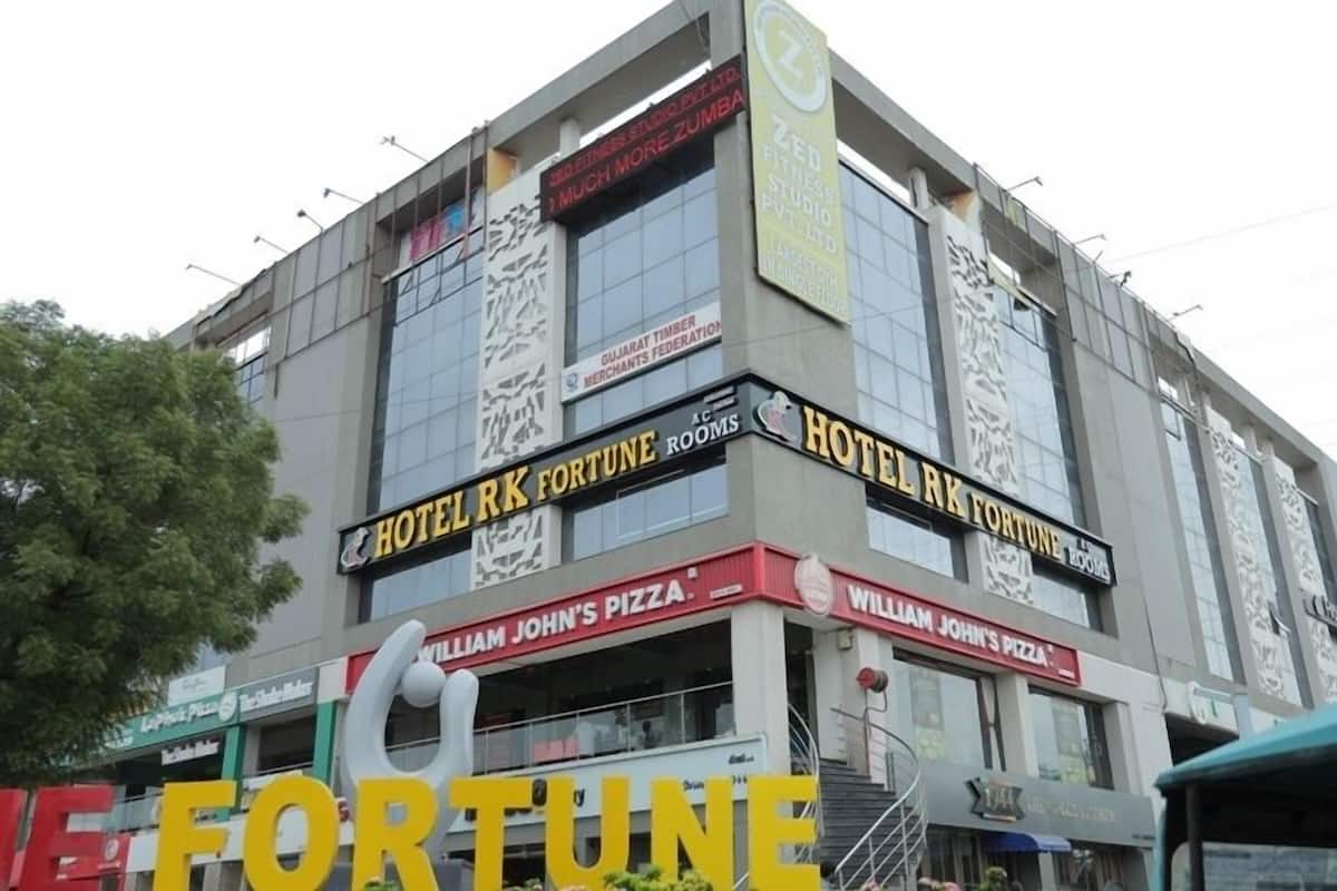 A hotel with multiple floors, including Hotel RK Fortune Rooms and Hotel RK Fortune.