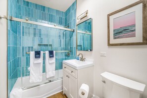 Hair dryer, towels, soap, shampoo