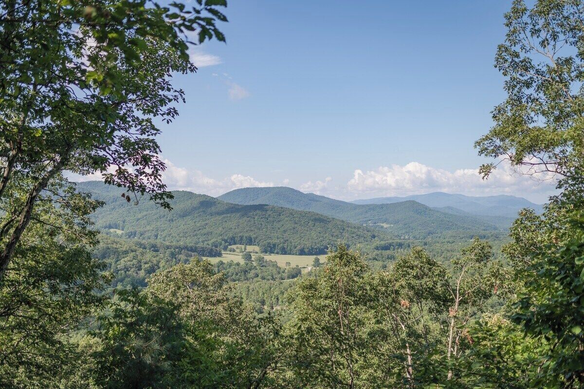 A mountainous landscape with dense forest and a clear sky.