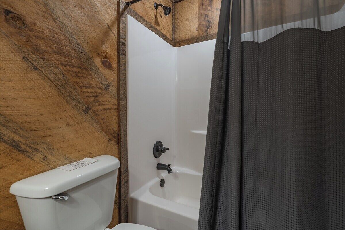 A bathroom with a white toilet, a bathtub, and a shower curtain.