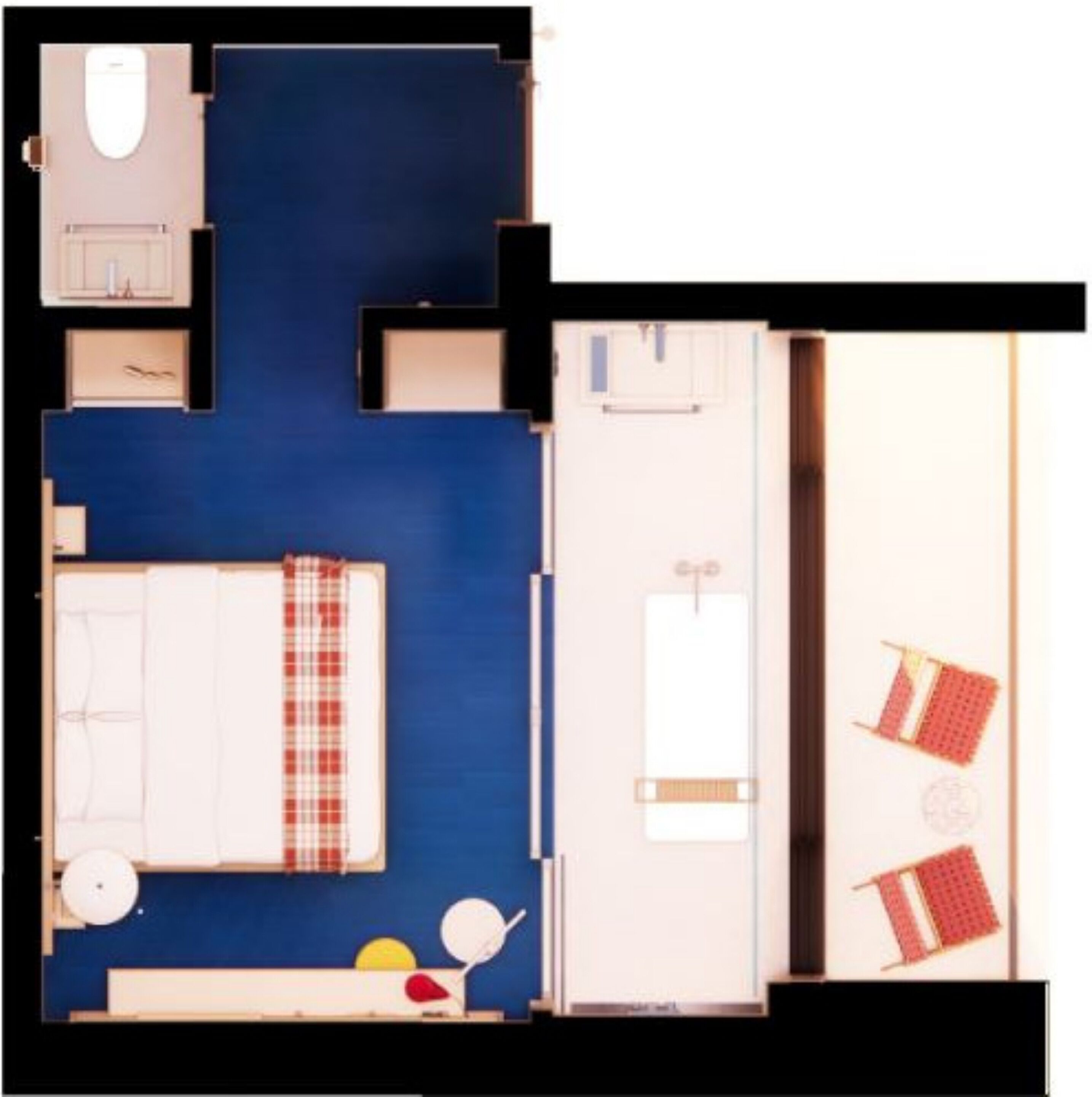 A room with a bed, a desk, and a chair. There is a window and a door.