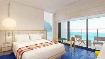 Oceanview superior queen terrace | Premium bedding, down comforters, individually decorated