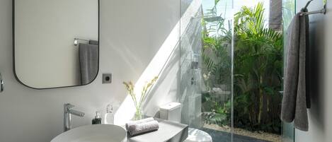 A modern bathroom with a large sink, a toilet, and a shower area.