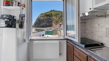 Fridge, stovetop, coffee/tea maker, electric kettle