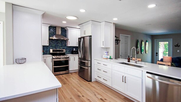 A modern kitchen with white cabinets, stainless steel appliances, and a wooden floor.