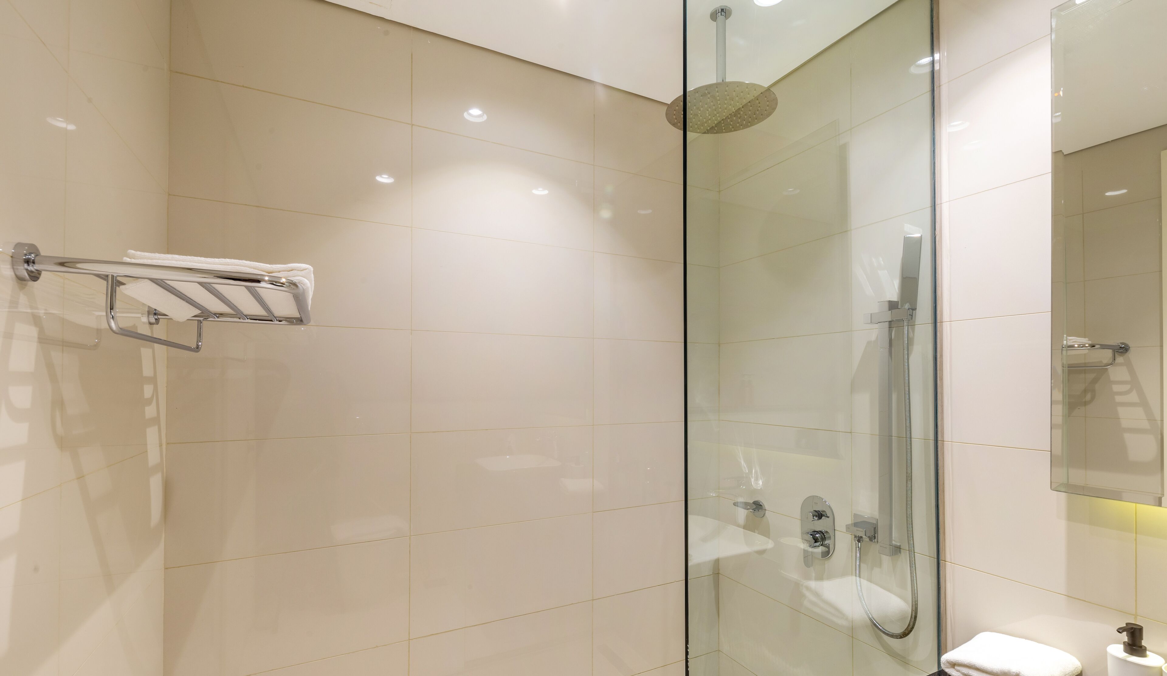 Une salle de bain moderne avec une douche à parois de verre, des toilettes et un porte-serviettes.