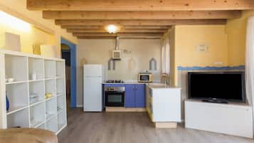 Fridge, microwave, stovetop, cookware/dishes/utensils