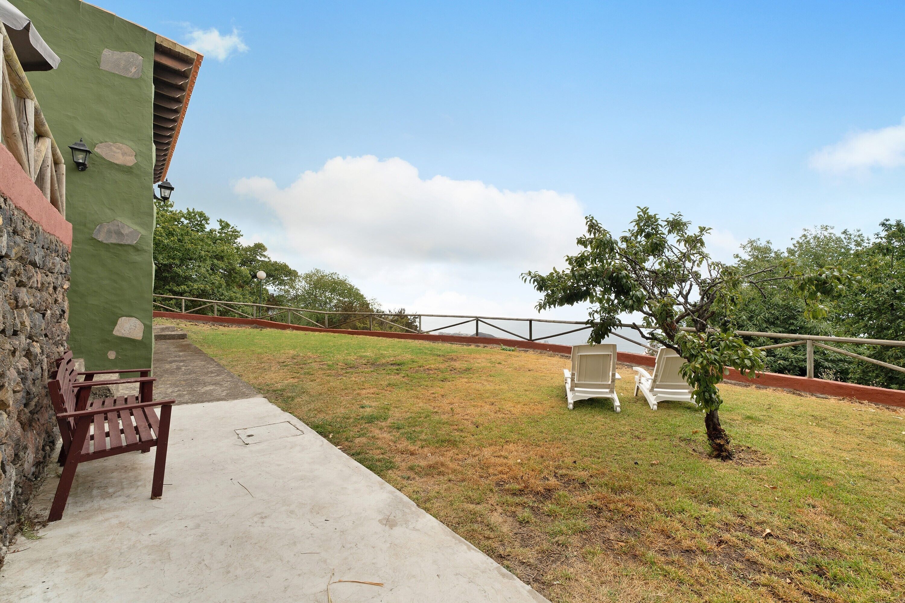 A patio area with a stone wall, a bench, and a small tree.