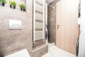 Hair dryer, towels, toilet paper