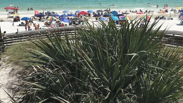 A beach with umbrellas, people, and a lifeguard tower. - 🦩Book Me Baby! 30A Oasis~Private Heated Pool~Pet-Friendly🦩 (Santa Rosa Beach)
