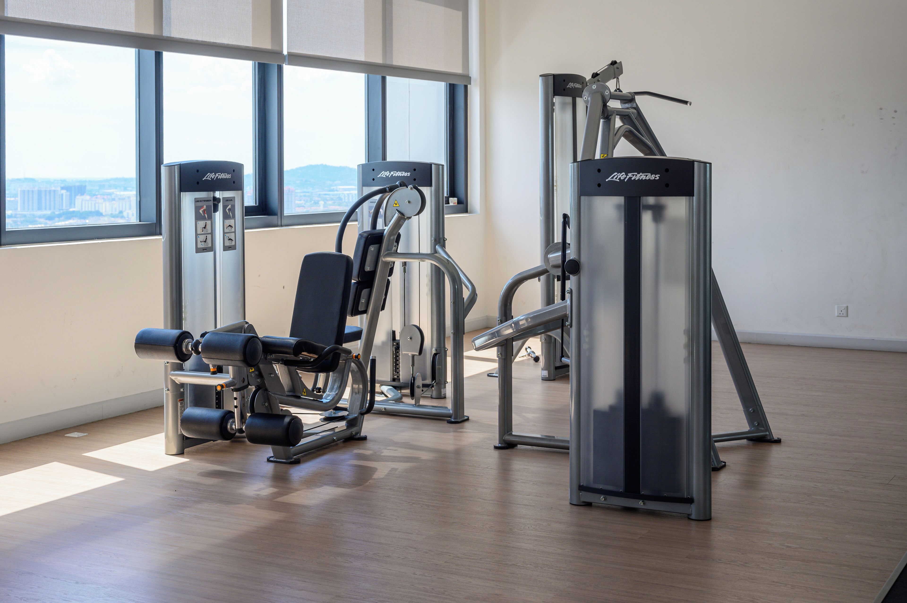 Un gimnasio con máquinas de cardio, bancos de pesas y una estructura para sentadillas.