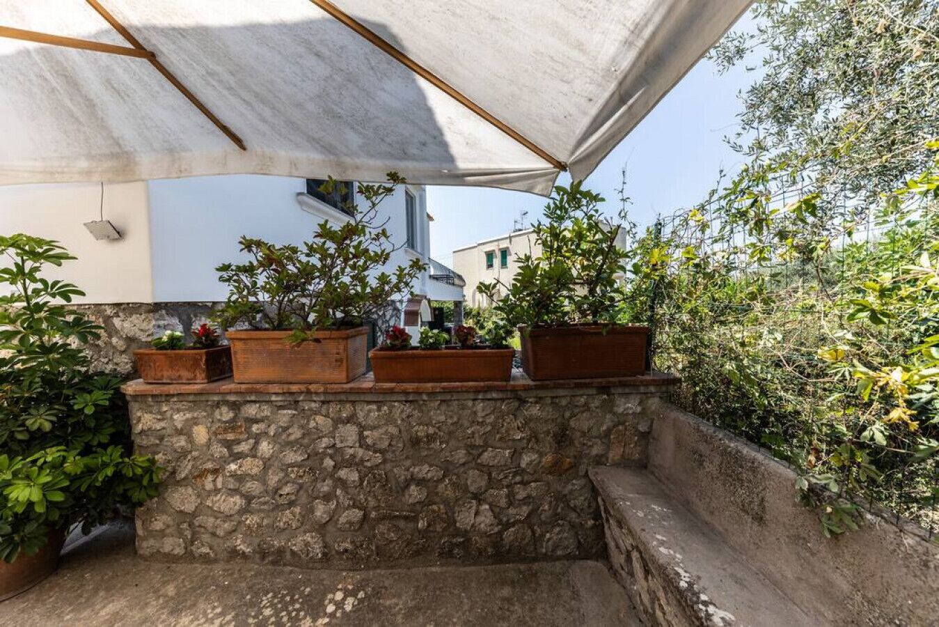 Un muro de piedra con plantas en macetas y una pérgola.