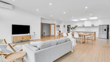 Smart TV, fireplace, ping pong, books