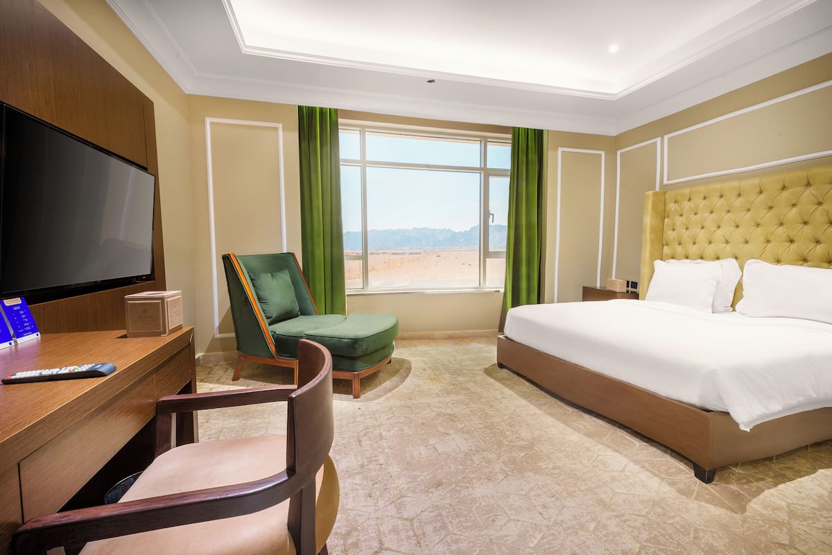 Una habitación de hotel con cama, escritorio con televisor, una silla y ventana con cortinas.
