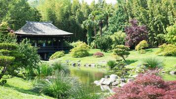 Un pavillon de style japonais traditionnel surplombe un étang, lui-même entouré d’une végétation luxuriante et de diverses plantes.