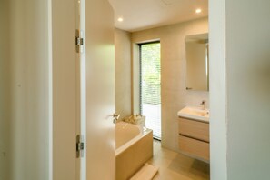 Hair dryer, towels, soap, toilet paper