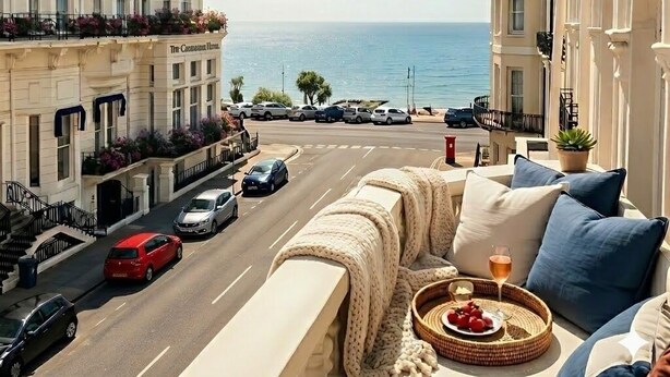 Un balcón con vista al mar, una calle con coches aparcados y un edificio con balcones.