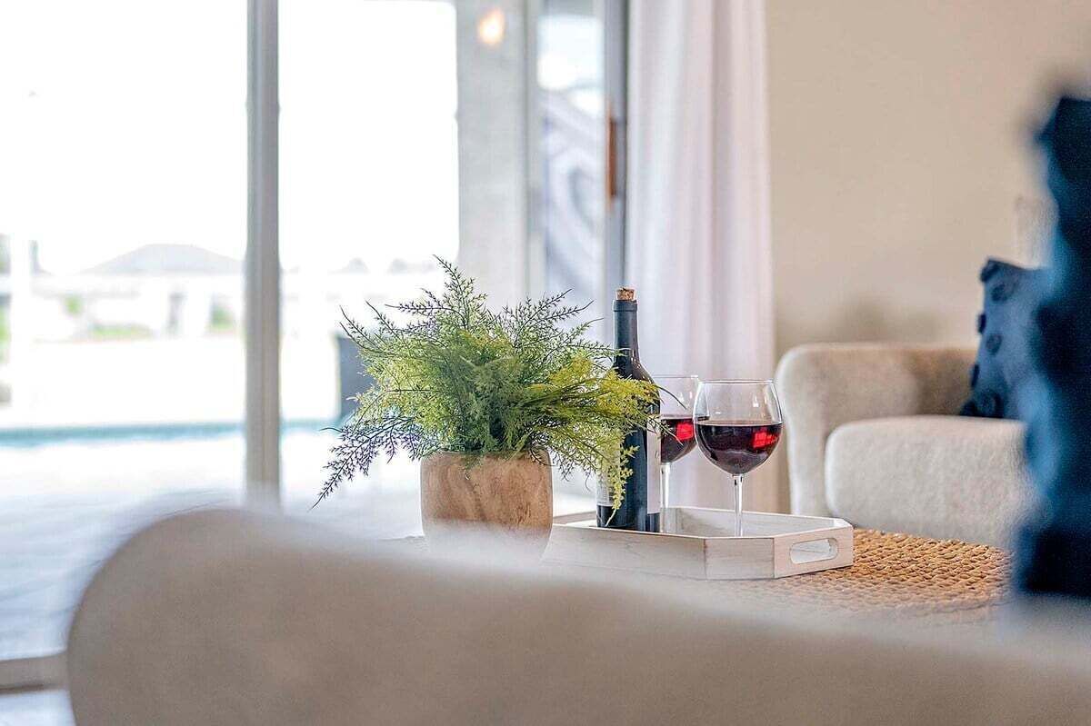 Una sala de estar acogedora con una planta en maceta, una botella de vino y una copa sobre una bandeja.