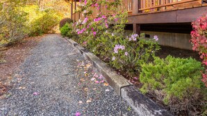 A wooden cabin with a covered porch and a gravel pathway leading to it.