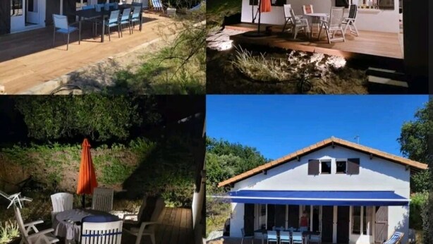 Et hus med en overdækket terrasse, en træterrasse og en have.