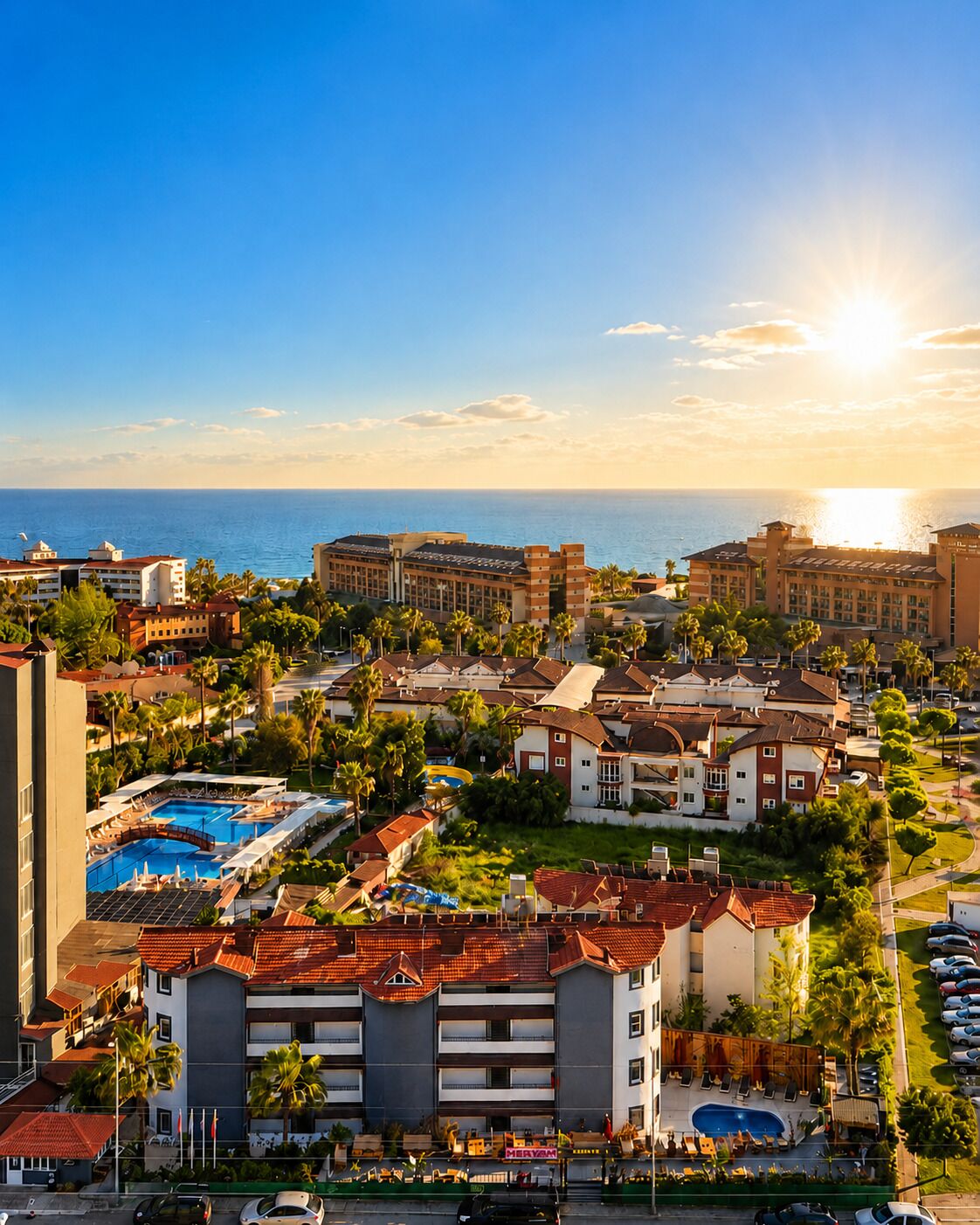 Un resort con varias edificaciones, una piscina y vista al océano.