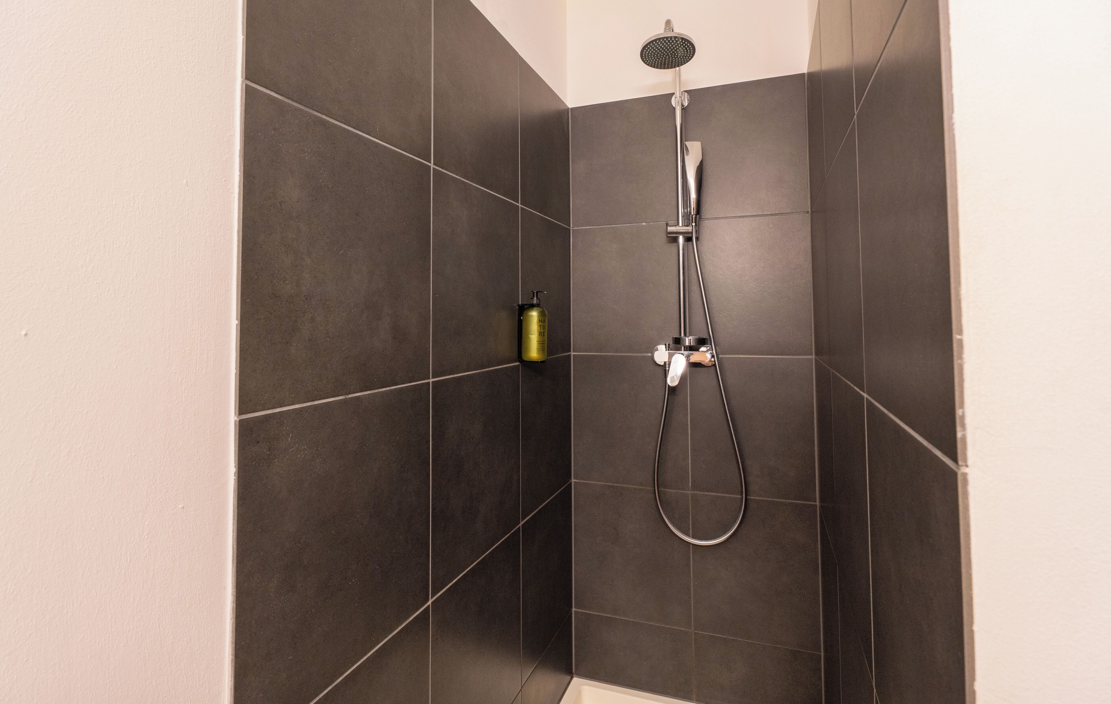 A shower with a handheld showerhead and a wall-mounted faucet.