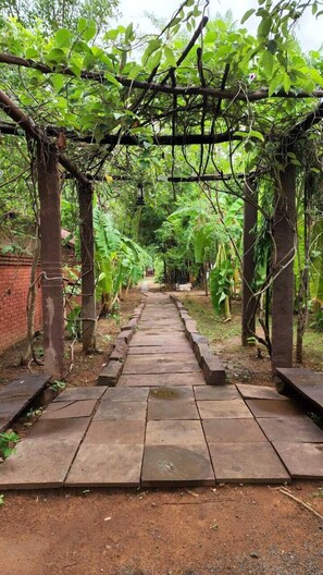 Un sendero de piedra que atraviesa un jardín exuberante con una pérgola encima.