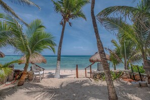 A beach with palm trees, a thatched-roof hut, and a wooden bench.