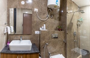 Hair dryer, towels, soap, toilet paper