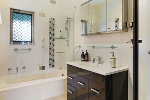 Hair dryer, towels, soap, shampoo