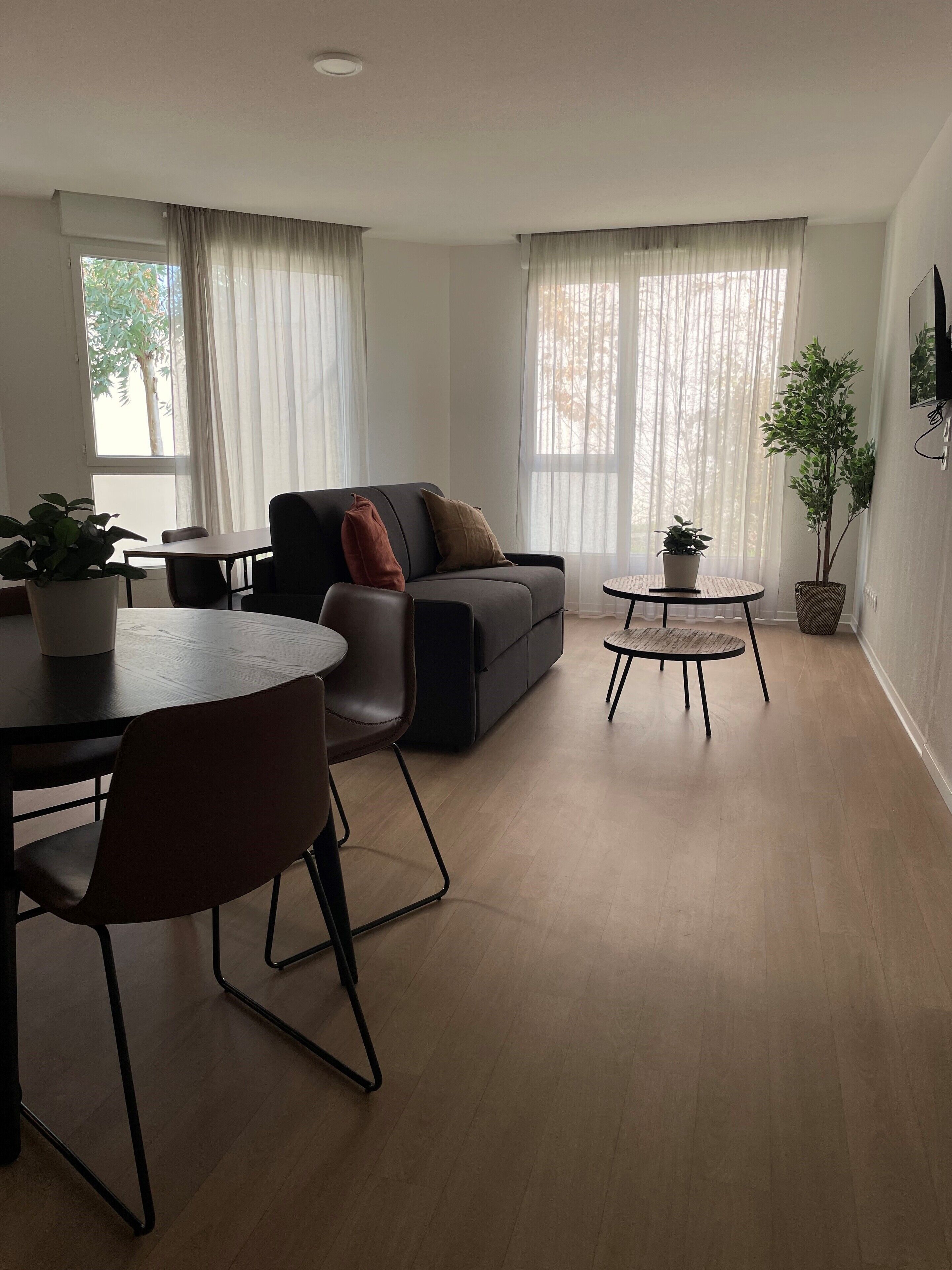 Un salon moderne comprenant un canapé, une table à manger et deux petites tables d’appoint.