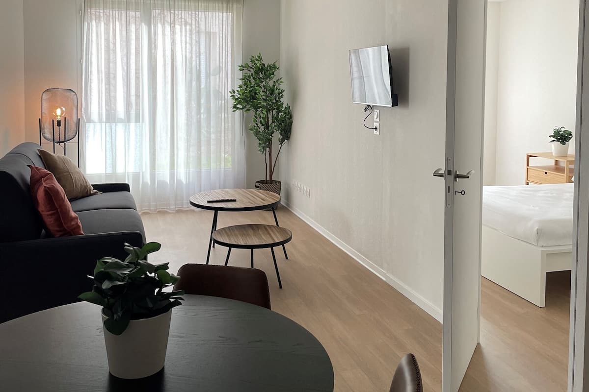 A modern living room with a sofa, a round dining table with chairs, a small side table, and a potted plant.