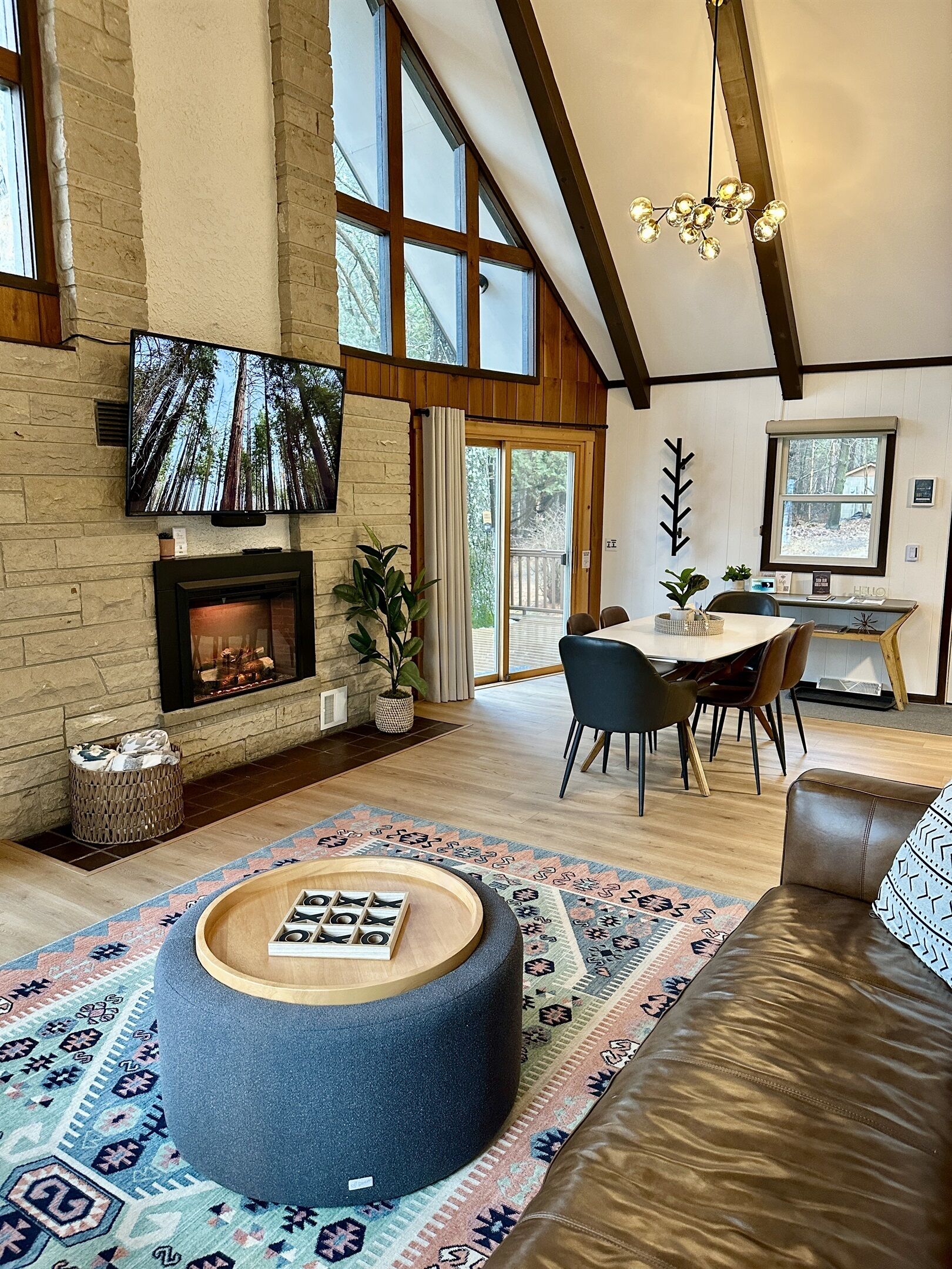 Smart TV, fireplace, books, music library
