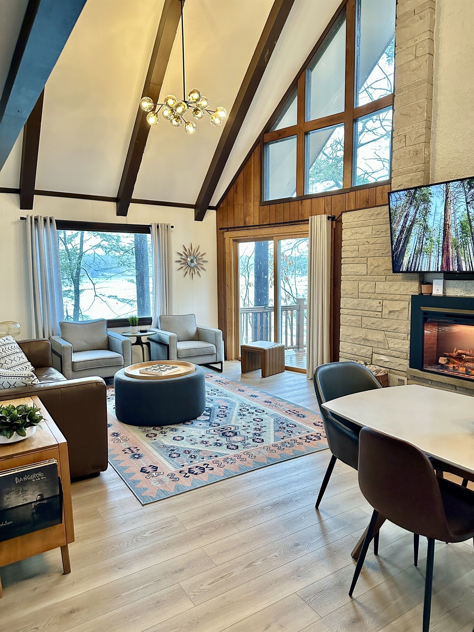 TV connectée, cheminée, livres, médiathèque