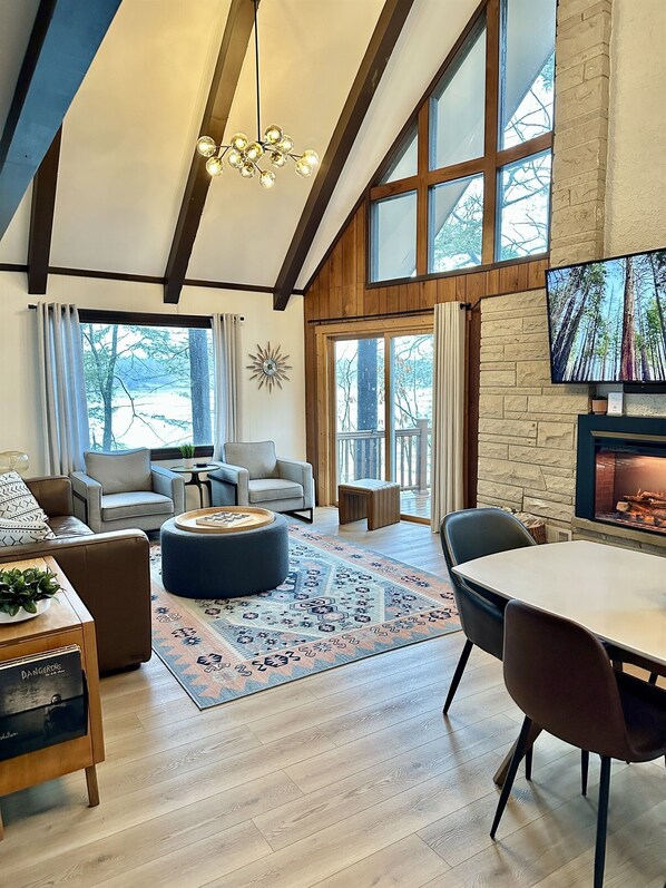 Smart TV, fireplace, books, music library