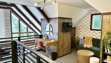 Smart TV, fireplace, books, music library