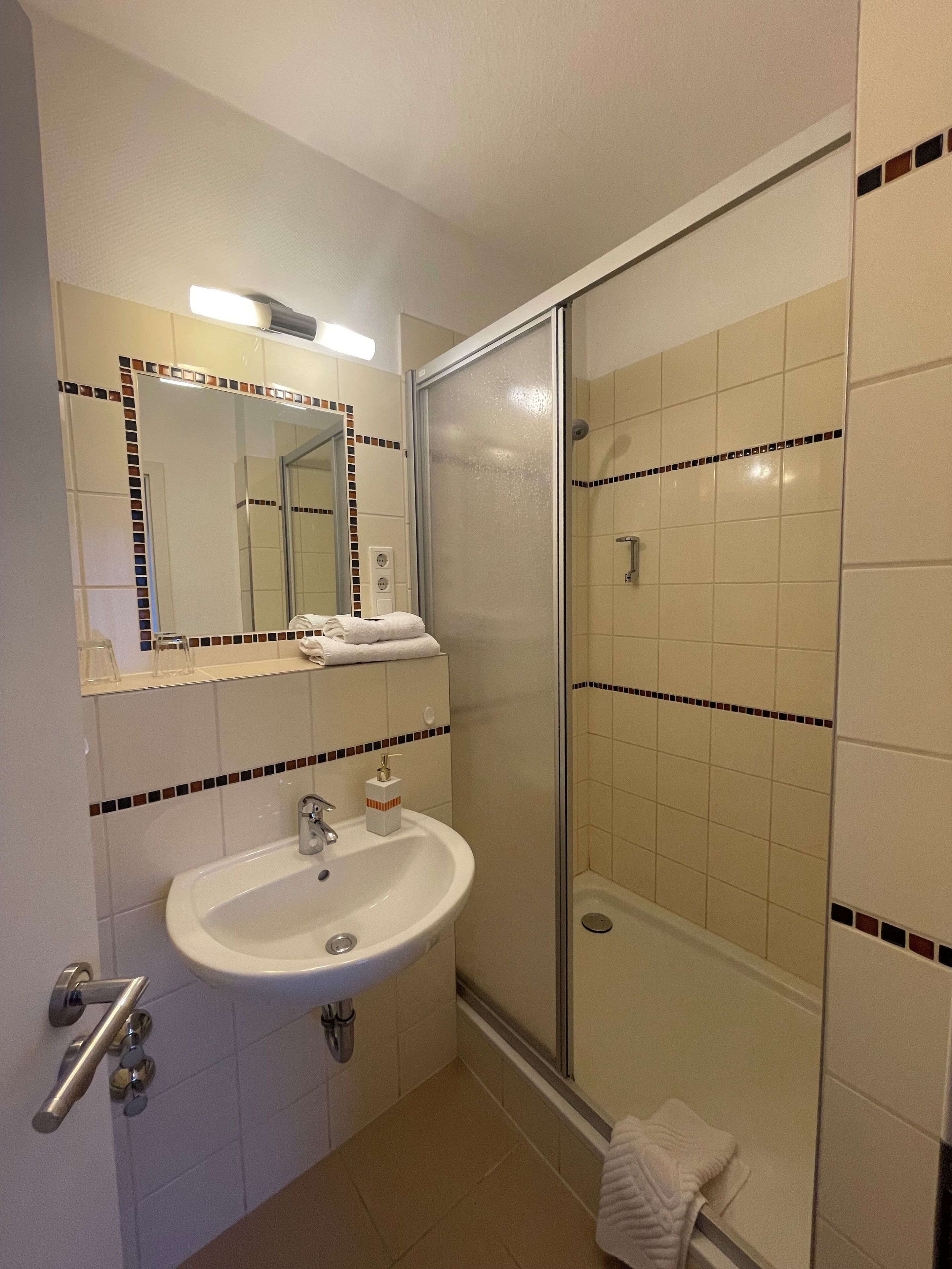 Een badkamer met een wastafel, spiegel en douche.