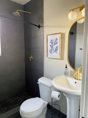 Hair dryer, towels, soap, toilet paper