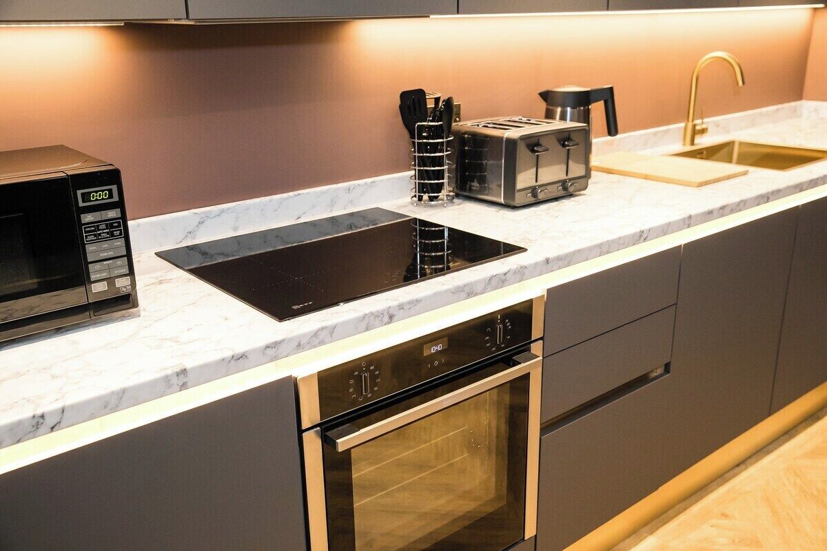 Fridge, microwave, oven, dishwasher