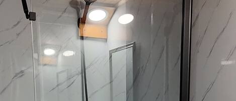 A modern bathroom with a glass-enclosed shower, a white toilet, and a wooden vanity.