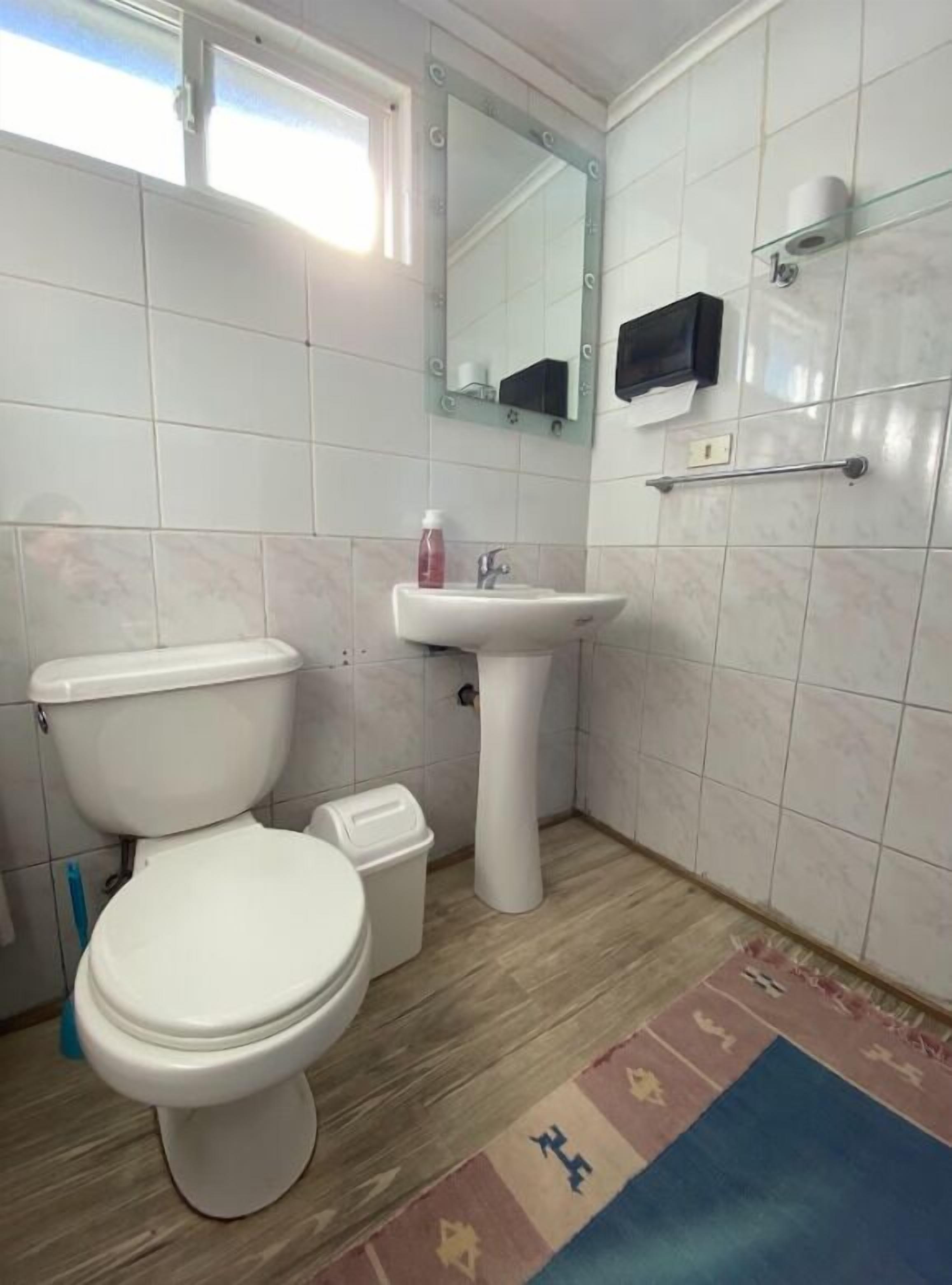 A bathroom with a toilet, sink, mirror, and a small trash bin.
